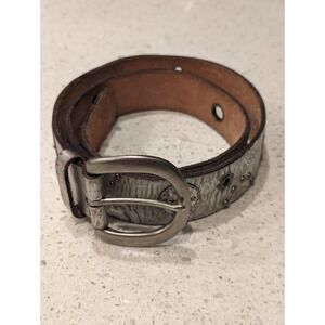 Fossil Silver Distressed‎ Leather Belt Sz M Tooled Floral And Metal Stud Accents